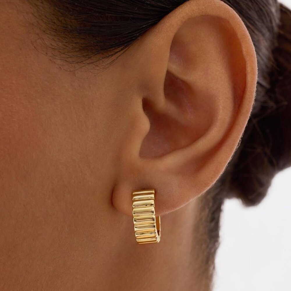 14K Gold Plated Bold Statement Hoop Earrings for Women - Trendy Boho Ribbed Croi - Picture 2 of 5